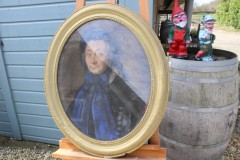 Oud Frans ovaal pastelschilderij achter glas